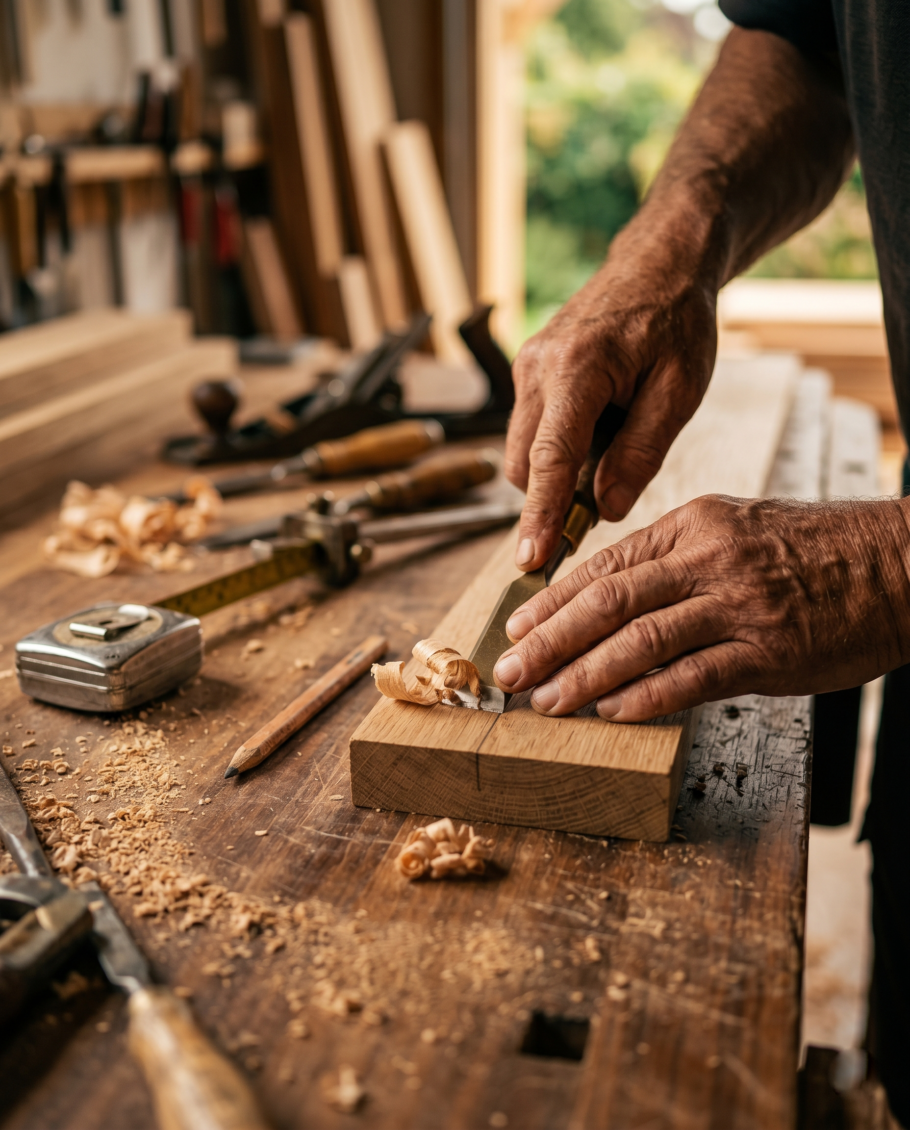 Time-served joiner finishing timber by hand with a chisel